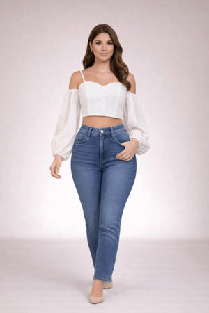 White Stonewashed Linen Balloon Sleeve Top - ELLY
