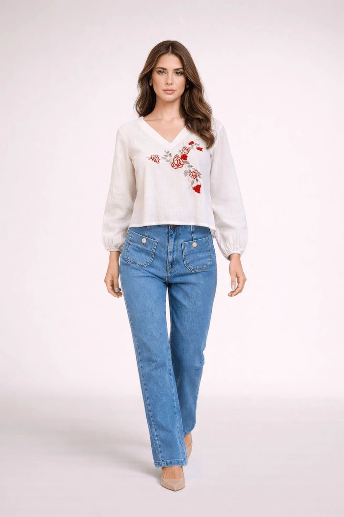 White Stonewashed Linen Blouse with Floral Embroidery - ELLY