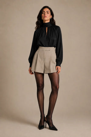 Zendaya Black Gathered-Neck Shirt in Nero, full-length view on model showing the upper garment silhouette