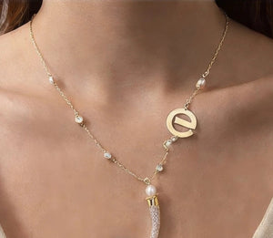 Zircon Half Moon Necklace with Pearl Ornaments - ELLY