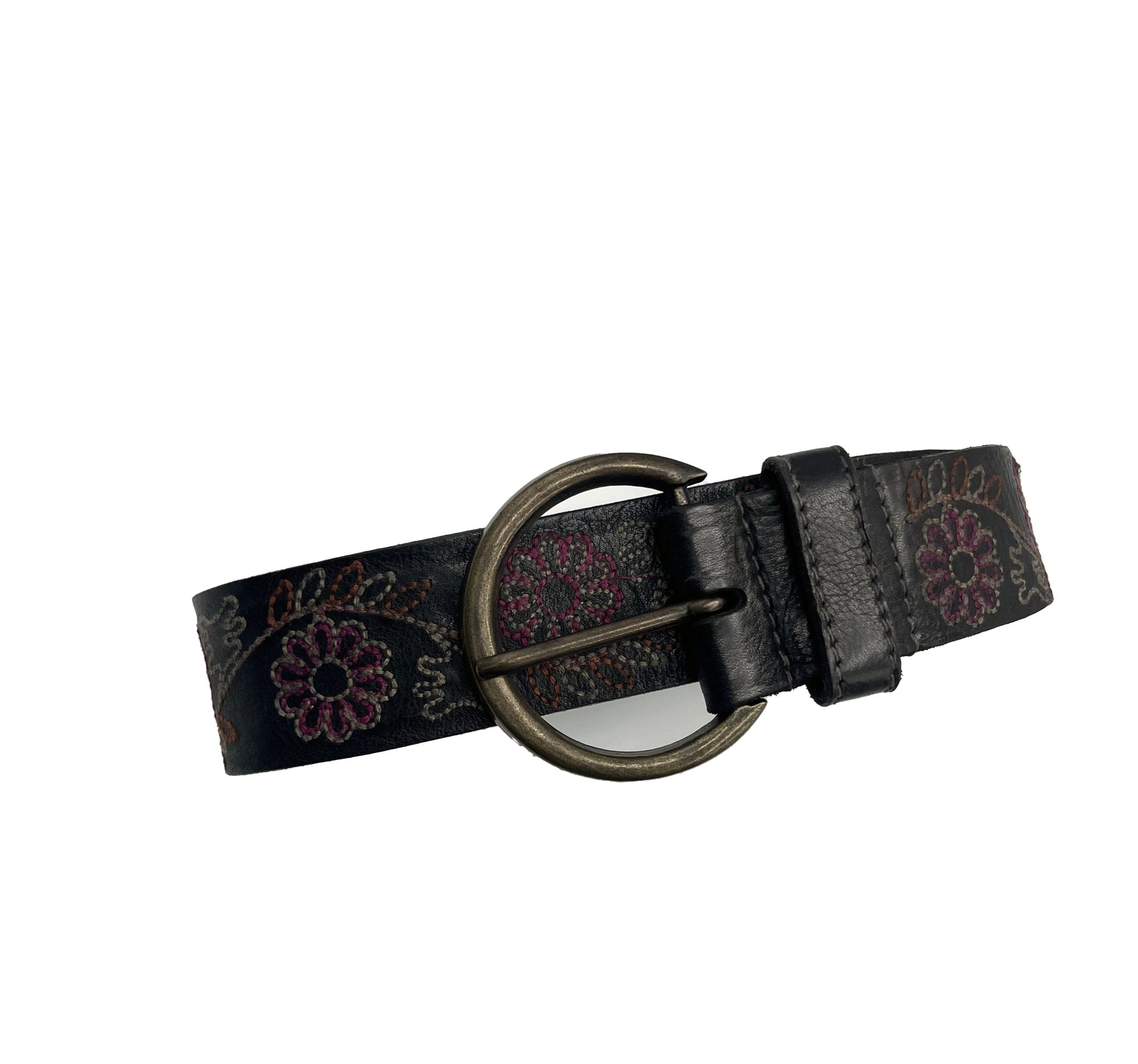 Handmade Leather Belt Floral Black with White Stitching – ELLY