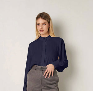 Navy Blue Scalloped Trims Women's Shirt - ELLY