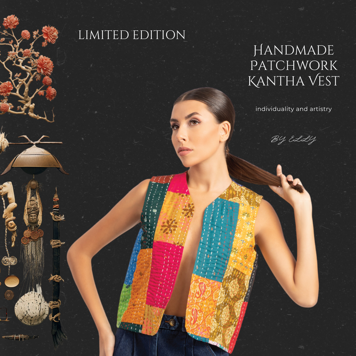 Limited Edition Handmade Cotton Patchwork Vest - Multicolor Kantha - ELLY