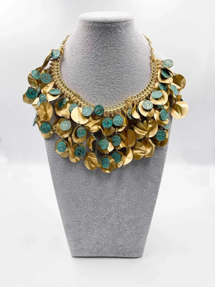 18 karat gold plated brass necklace, adorned with gold leaf and turquoise colored antiqued coins - ELLY