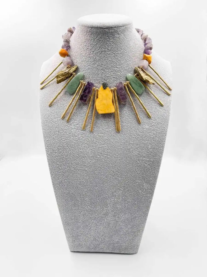 18 karat gold plated brass necklace with Yellow Jasper, green aventurine and purple sodalite stones - ELLY