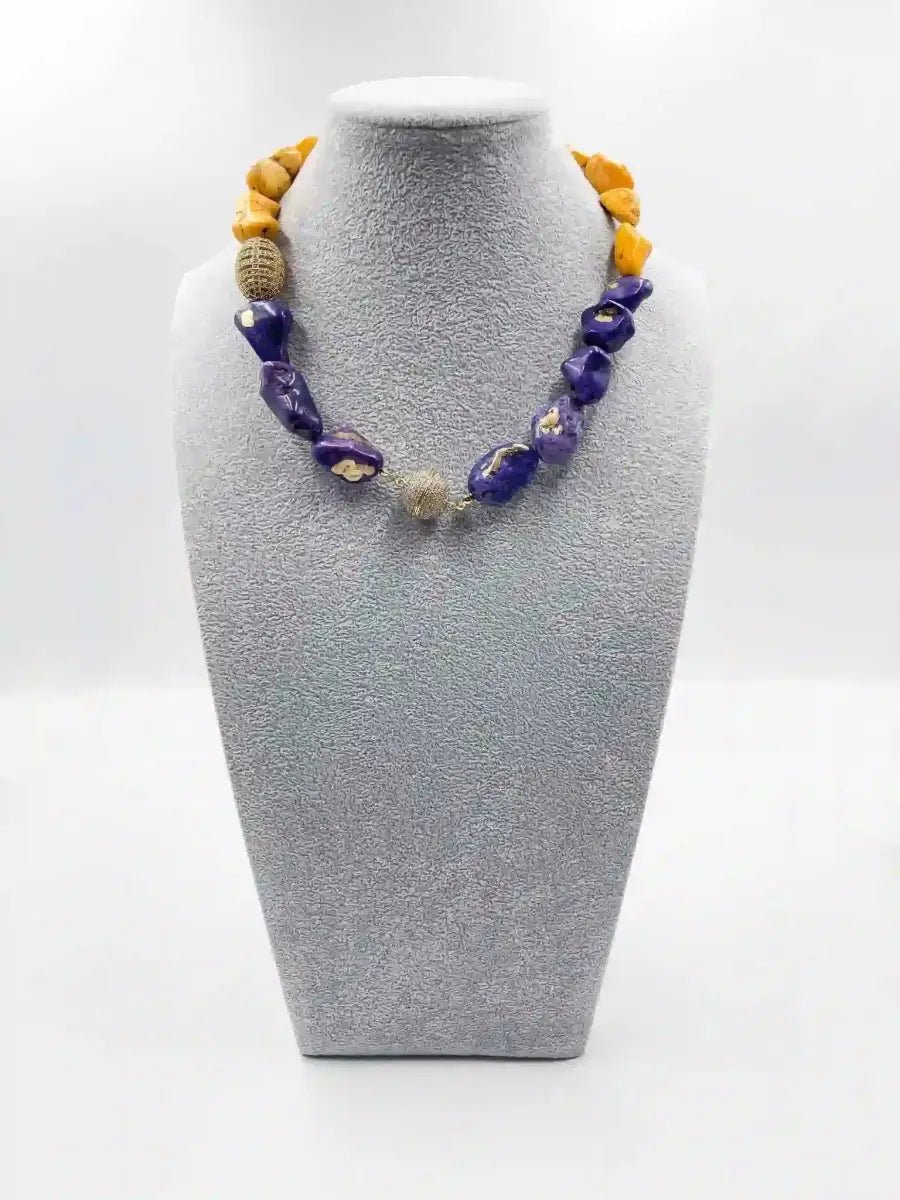 18 karat gold plated necklace featuring a blend of sodalite and jasper stones adorned with exquisite zircon ornaments - ELLY