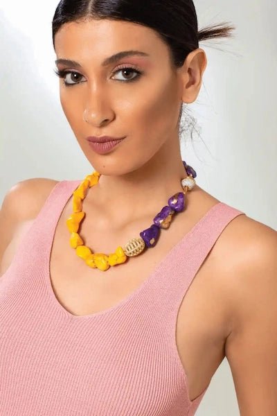 18 karat gold plated necklace featuring a blend of sodalite and jasper stones adorned with exquisite zircon ornaments - ELLY