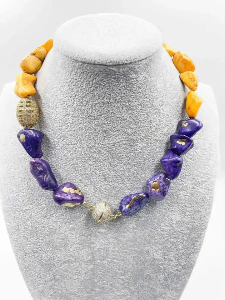 18 karat gold - plated necklace featuring a blend of sodalite and jasper stones adorned with exquisite zircon ornaments - ELLY