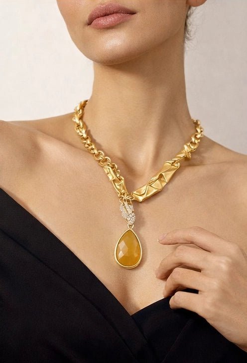 18 karat gold plated necklace featuring a striking agate stone pendant - ELLY