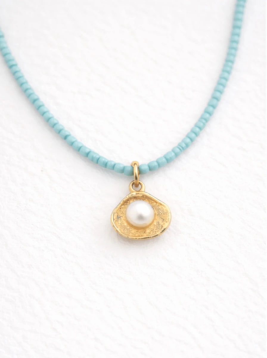 18 karat gold plated necklace featuring beads and a striking Japanese pearl pendant - ELLY
