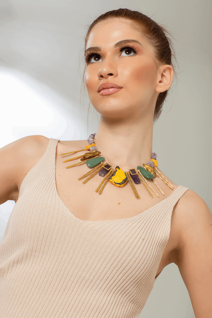 18 karat gold plated brass necklace with Yellow Jasper, green aventurine and purple sodalite stones - ELLY