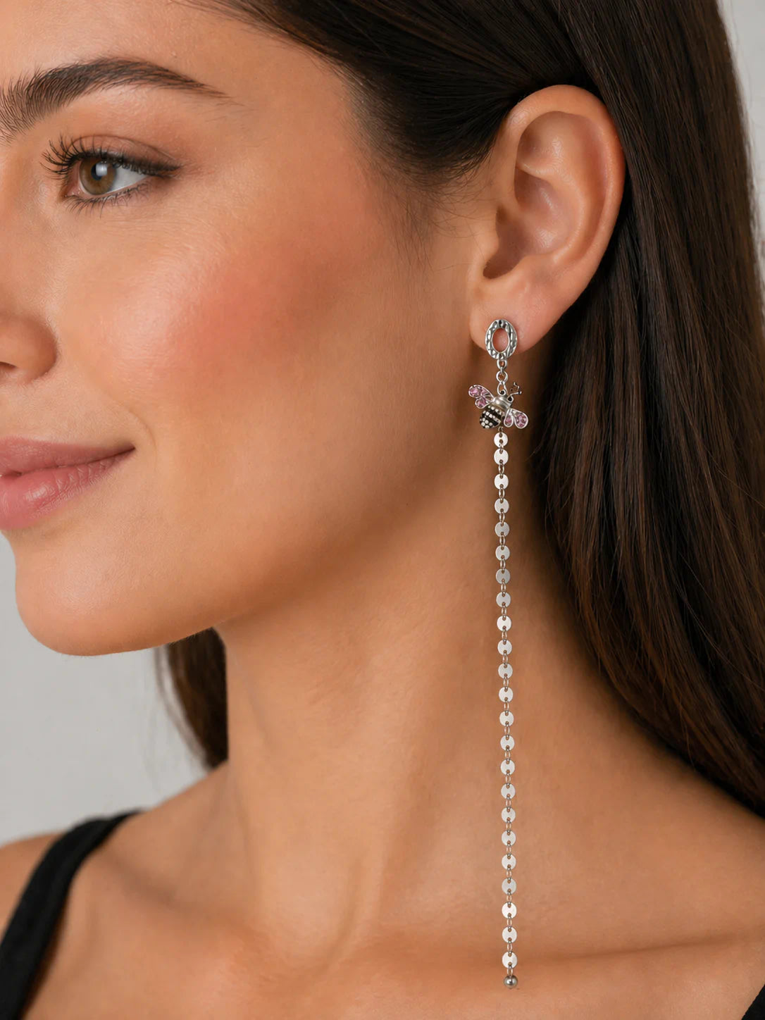 Rhodium-Plated Zircon Motif Asymmetrical Drop Earrings