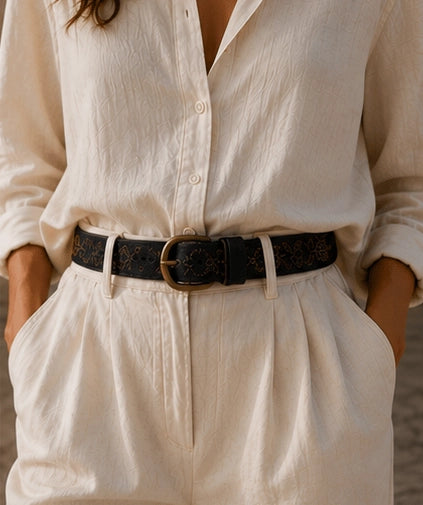 Black Leather Belt with Floral Embroidery