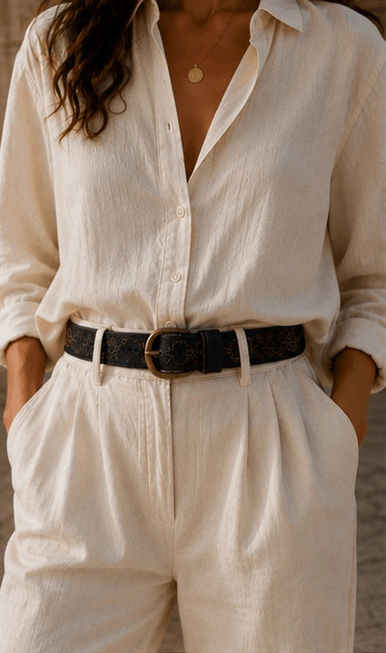 Black Leather Belt with Floral Embroidery