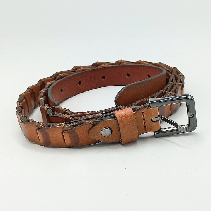 Braided Leather Belt in Cognac Brown - ELLY