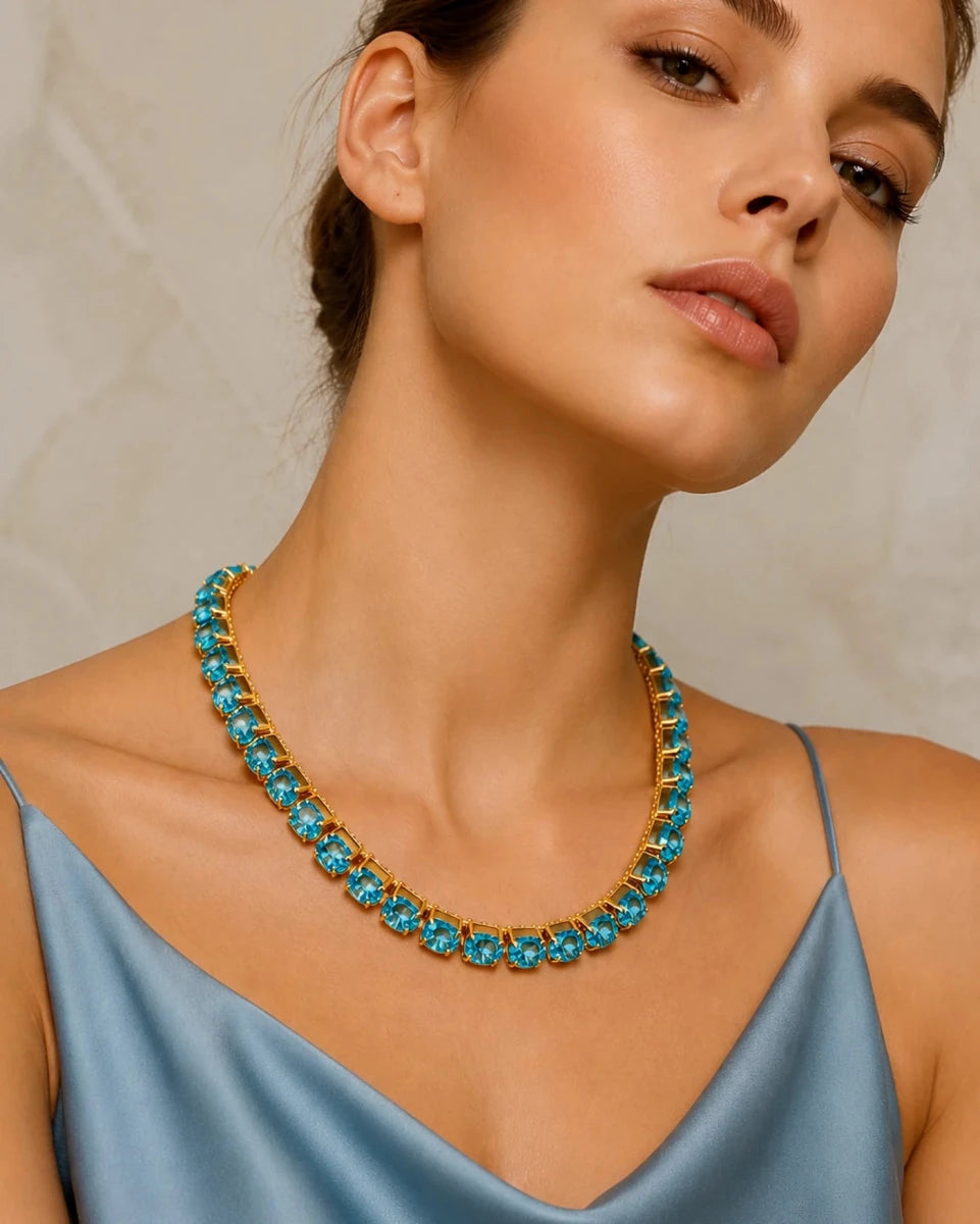 Acqua Marina Crystal Tennis Necklace - ELLY