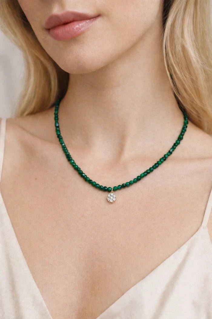 Agate stone pendant with zircon ornament and 18 karat gold plated chain  - ELLY