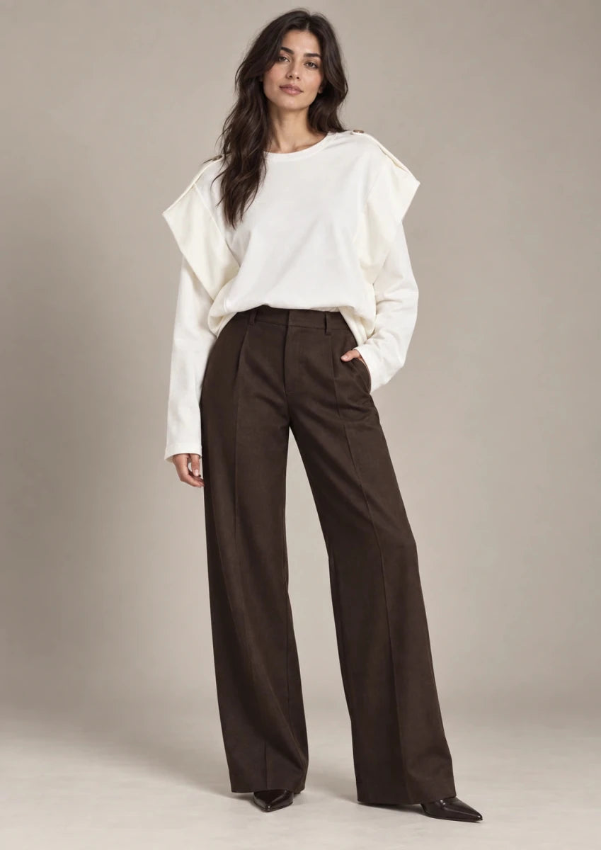 Annabel Panna Shoulder-Detail Sweatshirt, full-length styling view with brown wide-leg trousers