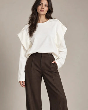 Annabel Panna Shoulder-Detail Sweatshirt, close view showing layered shoulders and button details