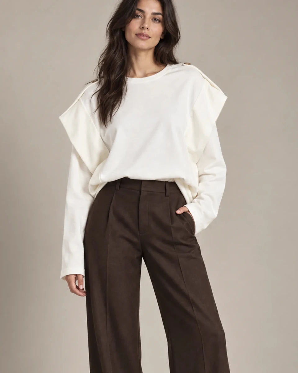 Annabel Panna Shoulder-Detail Sweatshirt, close view showing layered shoulders and button details