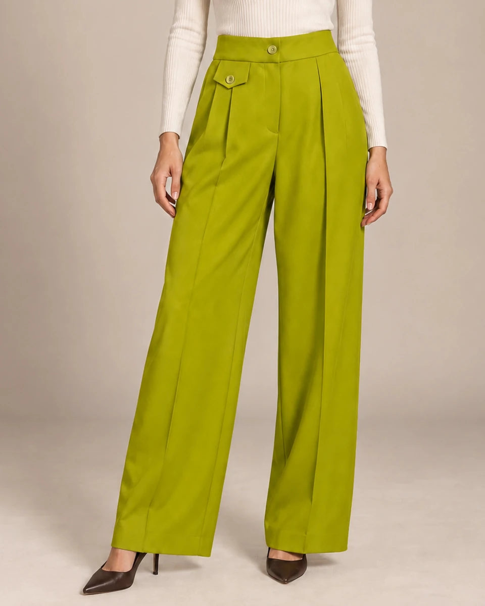 Front detail of Arianna Lime wide-leg trousers showing the button waistband, front pleats and small buttoned flap detail.