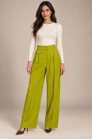Full-length front view of Arianna Lime wide-leg trousers with a high waist and front pleats, worn with an ivory top.