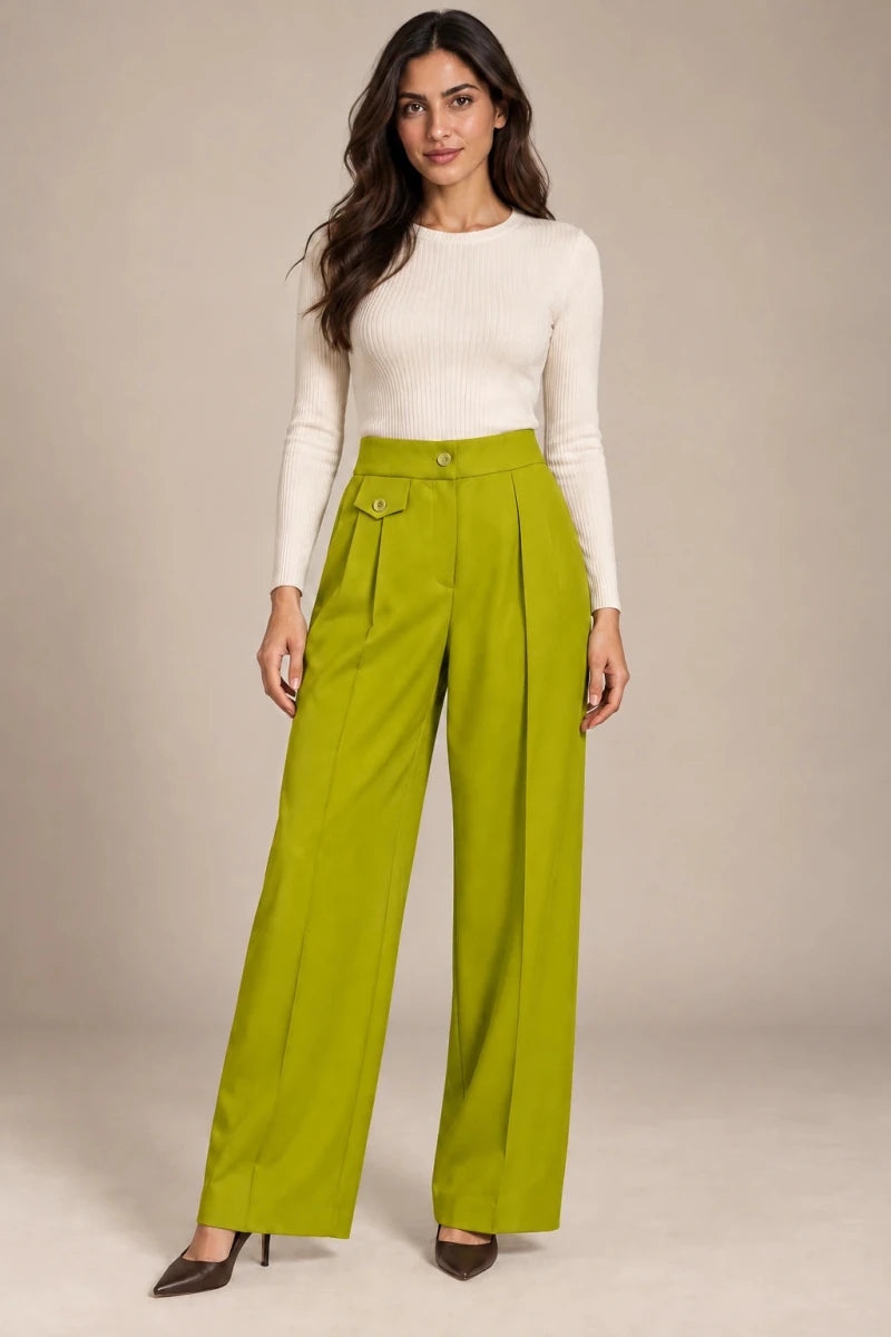 Full-length front view of Arianna Lime wide-leg trousers with a high waist and front pleats, worn with an ivory top.