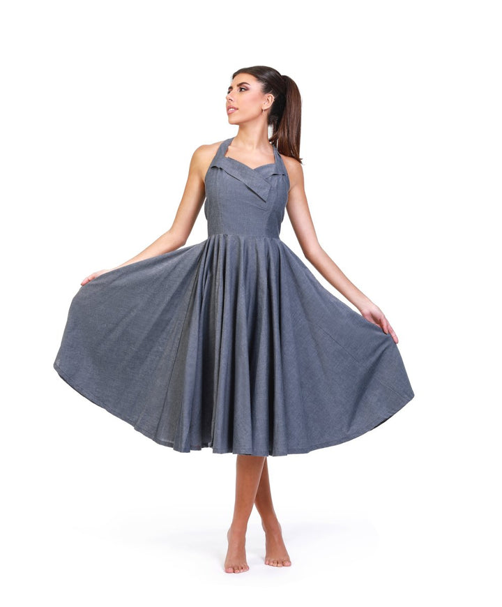 Ashen Aura Denim Halter Dress - ELLY