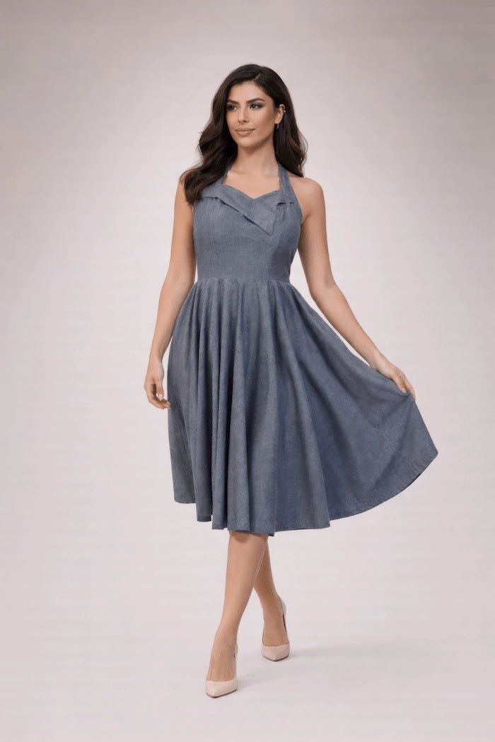 Ashen Aura Denim Halter Dress - ELLY