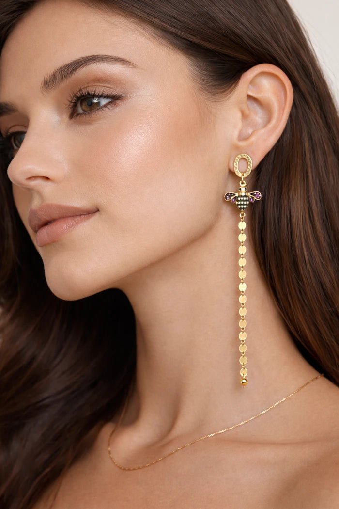 Asymmetrical Bee & Chain Drop Earrings - ELLY