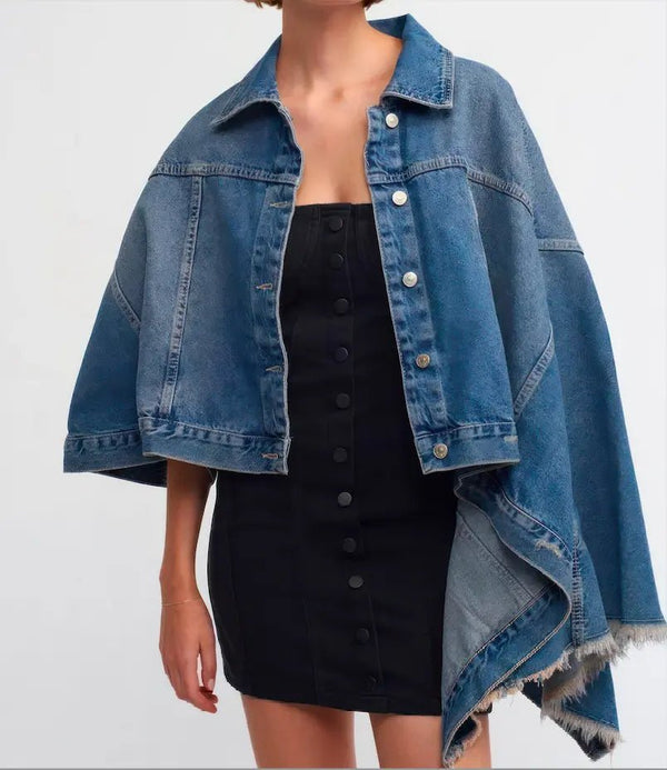 Asymmetrical Denim Cape Jacket - ELLY