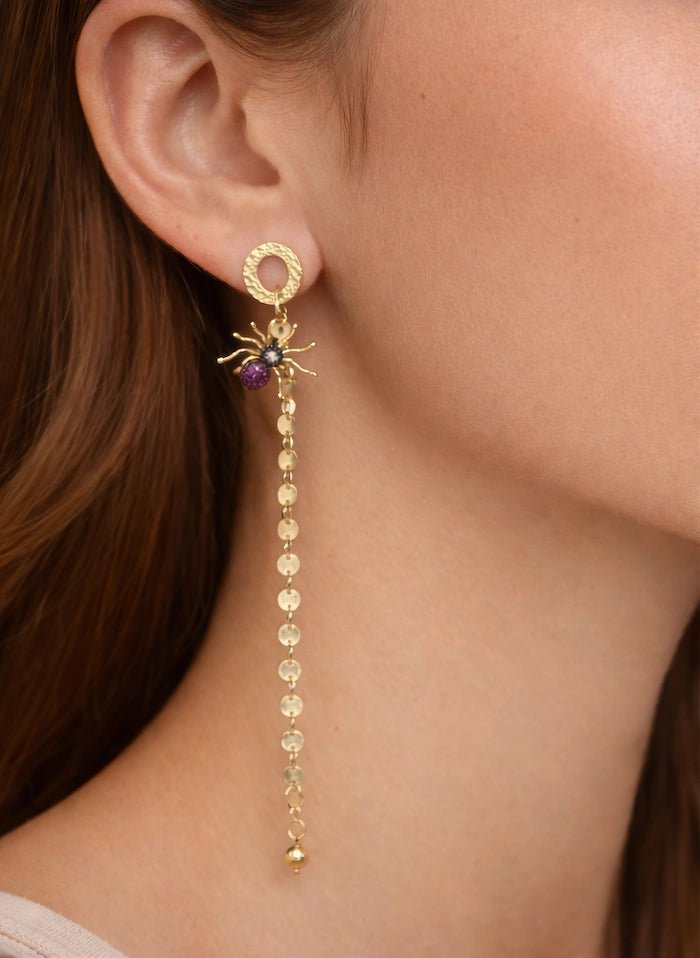 Asymmetrical Gold Disc Chain Earrings with Crystal Spider Charm - ELLY