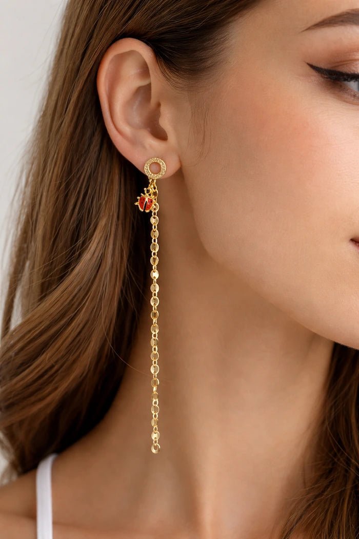 Asymmetrical Ladybug &amp; Chain Drop Earrings - ELLY