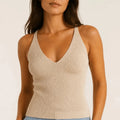 Beige Ribbed Knit V-Neck Top - ELLY