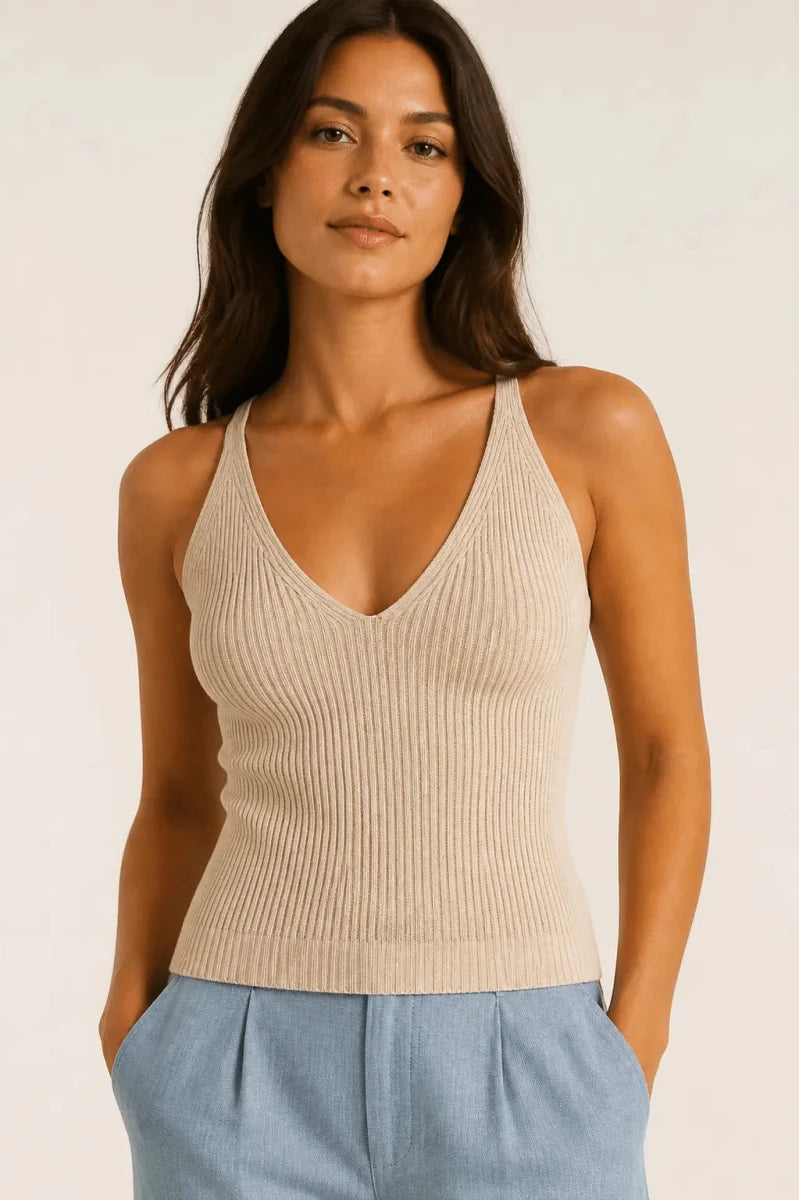 Beige Ribbed Knit V-Neck Top - ELLY