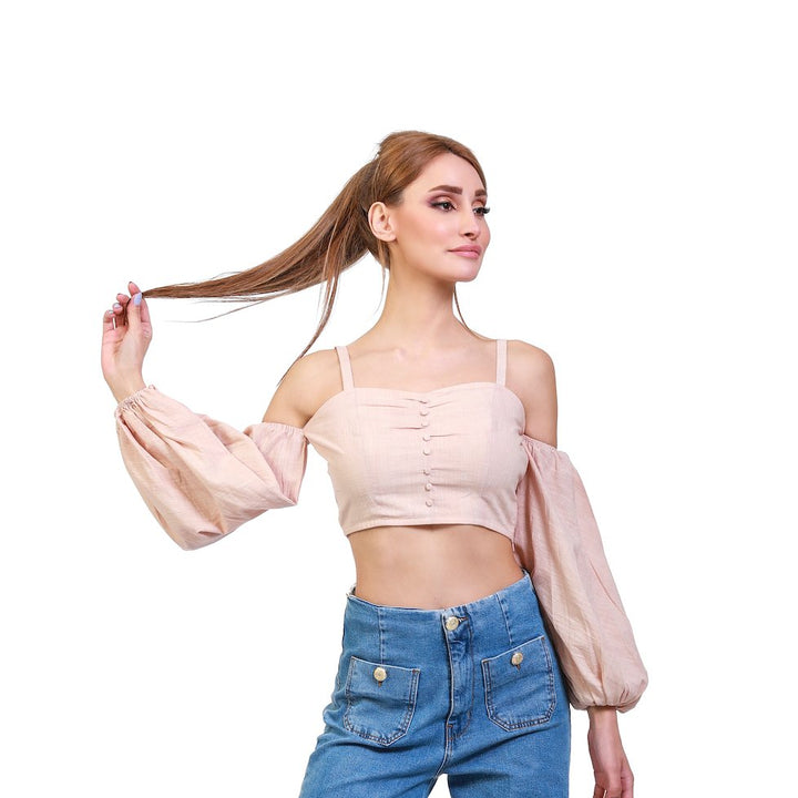 Beige Stonewashed Linen Balloon Sleeve Top - ELLY