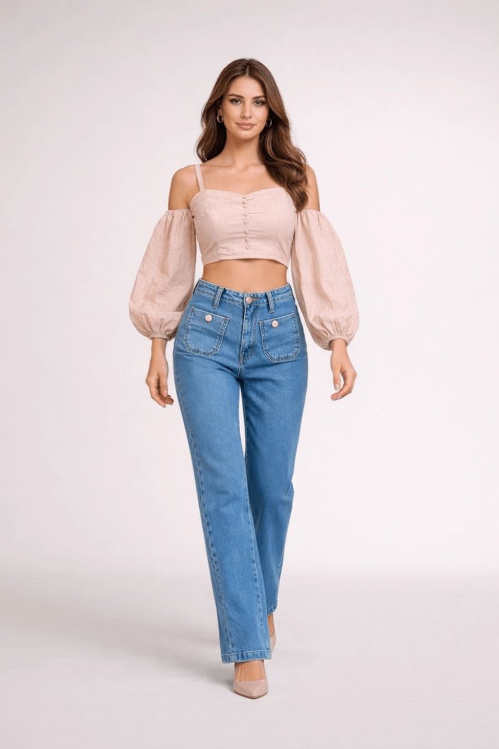 Beige Stonewashed Linen Balloon Sleeve Top - ELLY