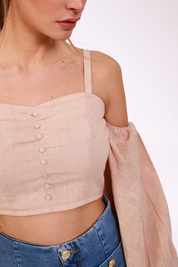 Beige Stonewashed Linen Balloon Sleeve Top - ELLY