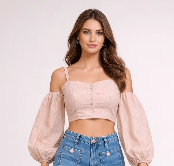 Beige Stonewashed Linen Balloon Sleeve Top - ELLY