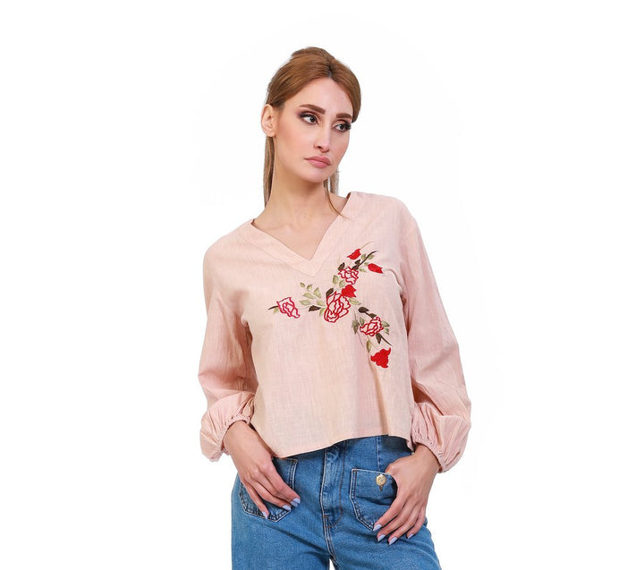 Beige Stonewashed Linen Blouse with Floral Embroidery - ELLY