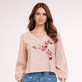 Beige Stonewashed Linen Blouse with Floral Embroidery - ELLY
