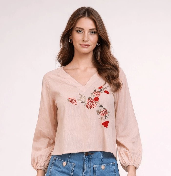 Beige Stonewashed Linen Blouse with Floral Embroidery - ELLY