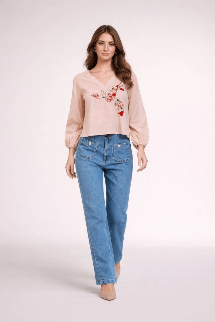 Beige Stonewashed Linen Blouse with Floral Embroidery - ELLY