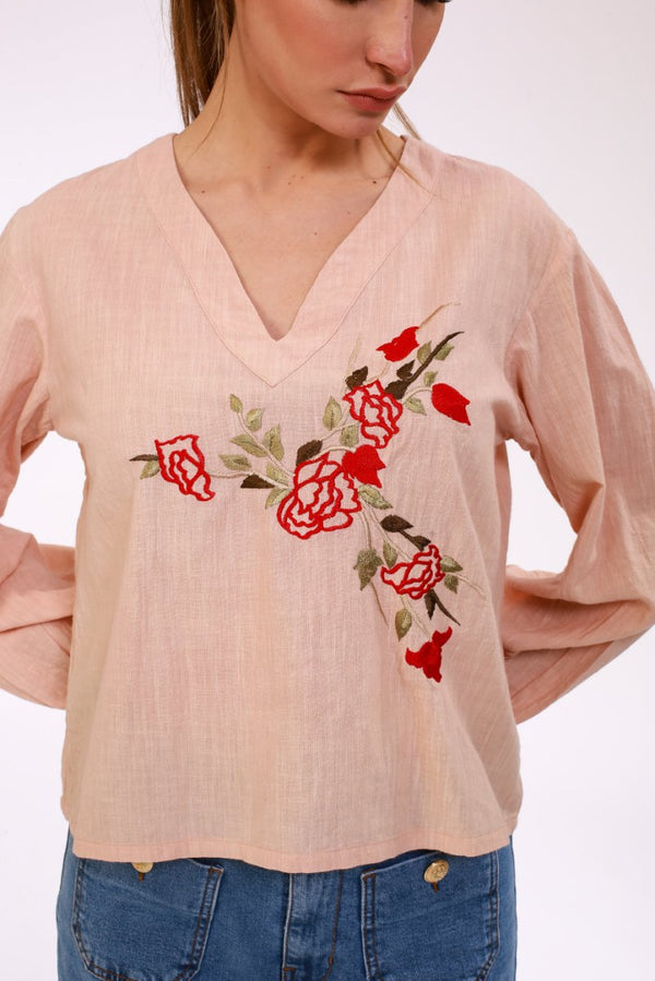 Beige Stonewashed Linen Blouse with Floral Embroidery - ELLY