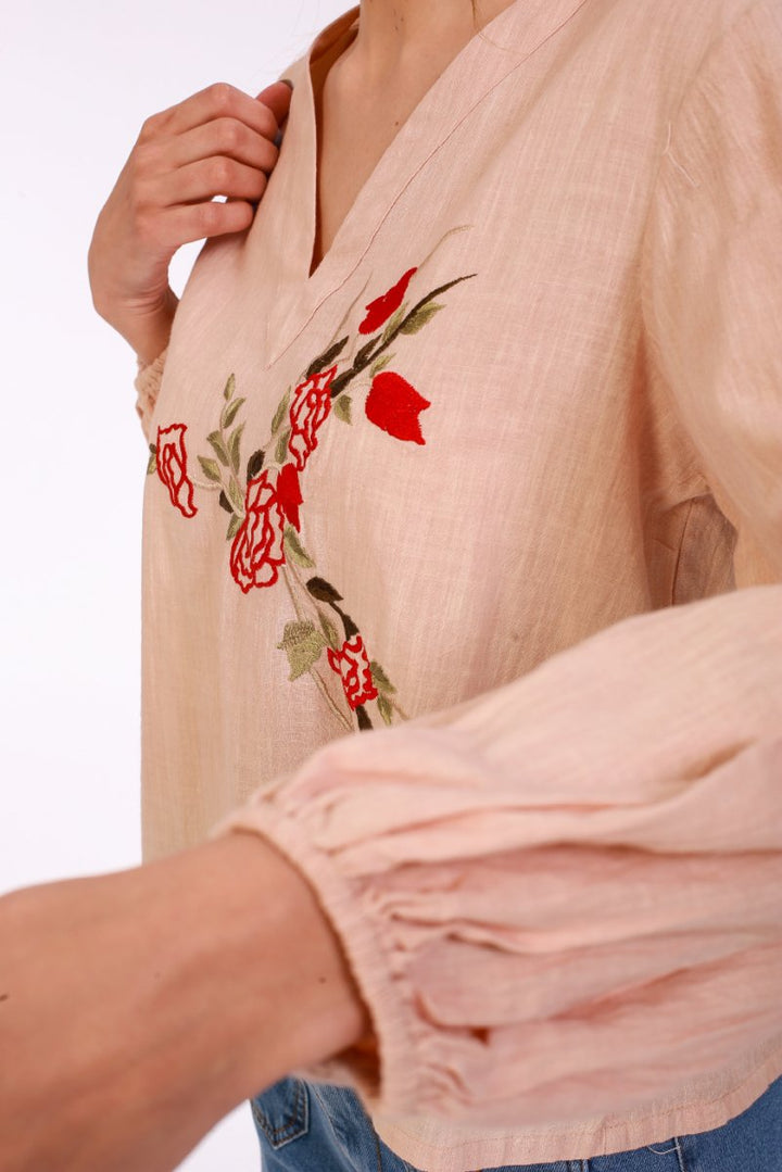 Beige Stonewashed Linen Blouse with Floral Embroidery - ELLY