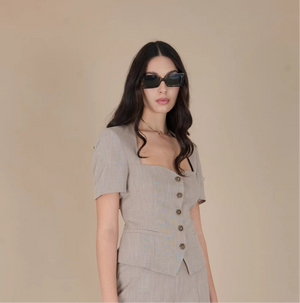 Beige Tailored Buttoned Jacket Top - ELLY