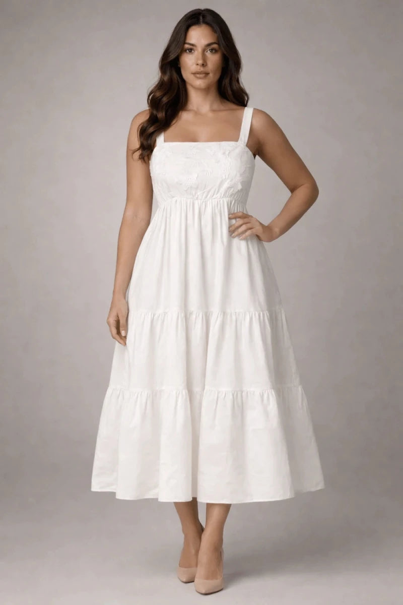 Bianco Seta Embroidered Midi Dress - ELLY