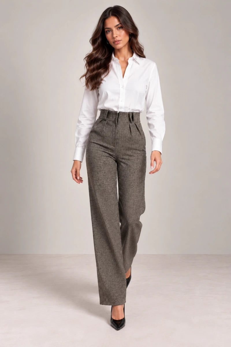 Black and White Herringbone Woven Trousers - ELLY