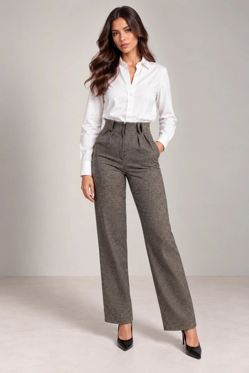 Black and White Herringbone Woven Trousers - ELLY