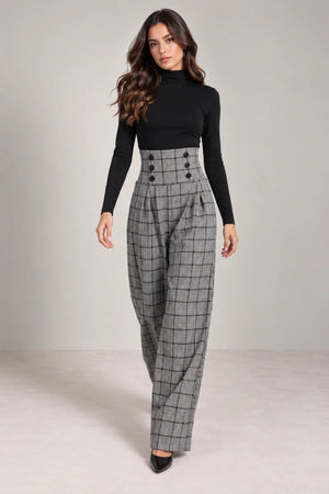 Black and White Plaid High Waisted Pleated Pants - ELLY